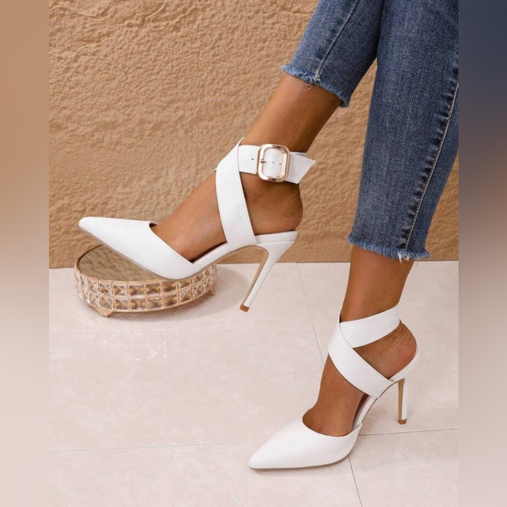 Elegant White Stiletto Heels - Ankle Strap Pump